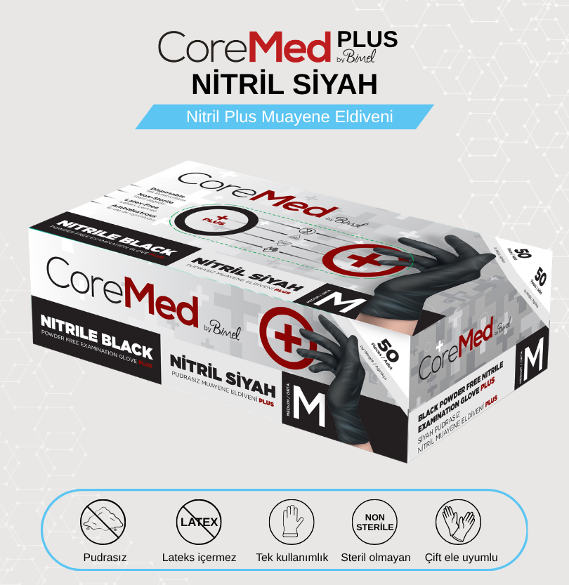 Nitril Pudrasız Siyah Plus Muayene Eldiveni