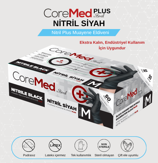 Nitril Pudrasız Siyah Plus Muayene Eldiveni