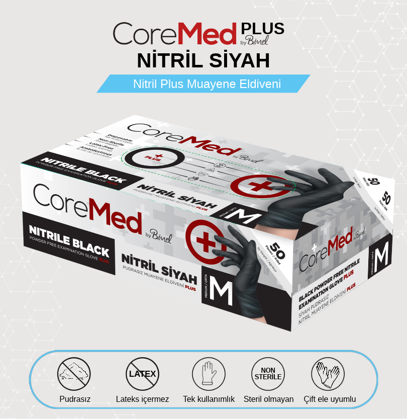 Nitril Pudrasız Siyah Plus Muayene Eldiveni